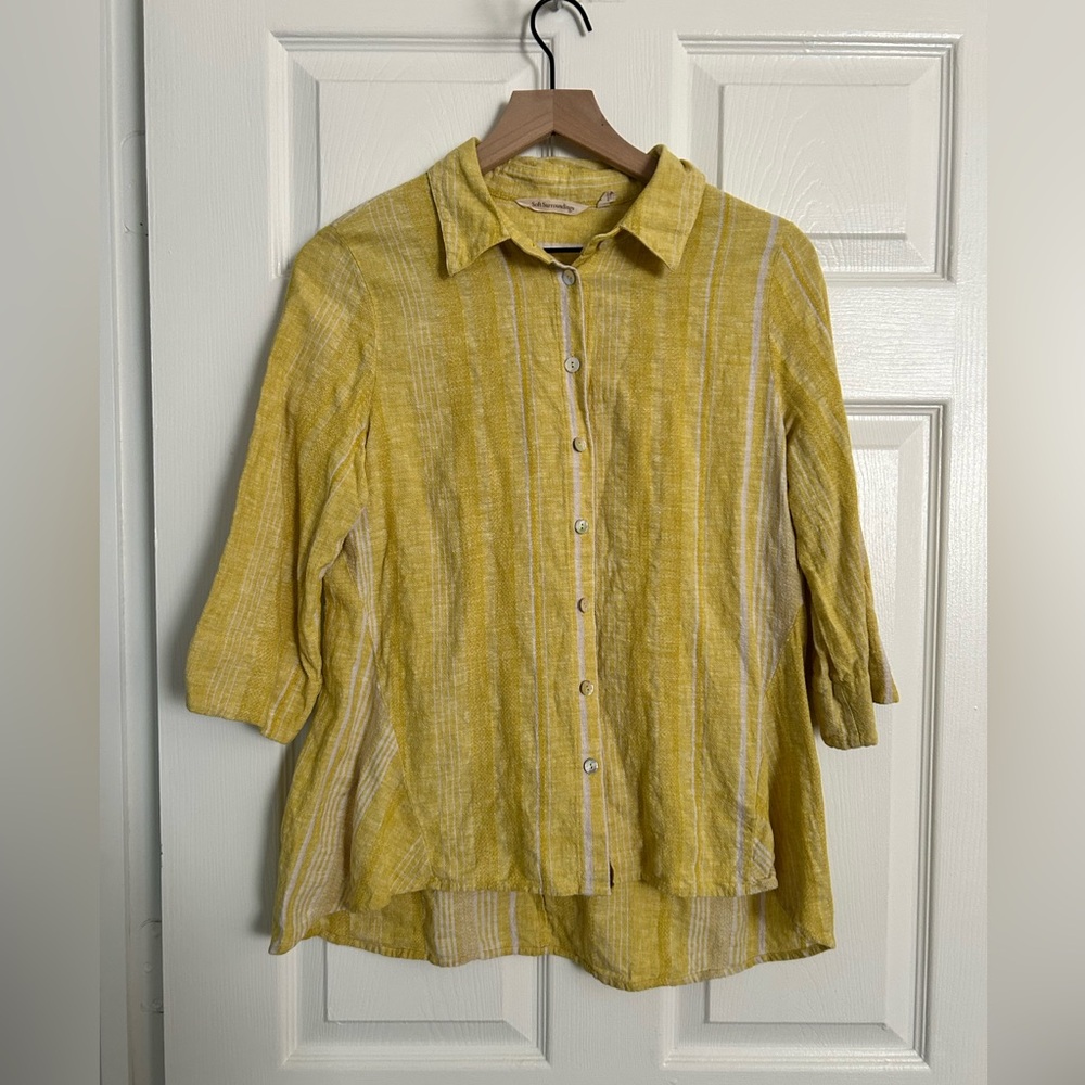 Soft Surroundings Livienne Linen Buttn down yellow striped blouse Medium Petite - Picture 2 of 10